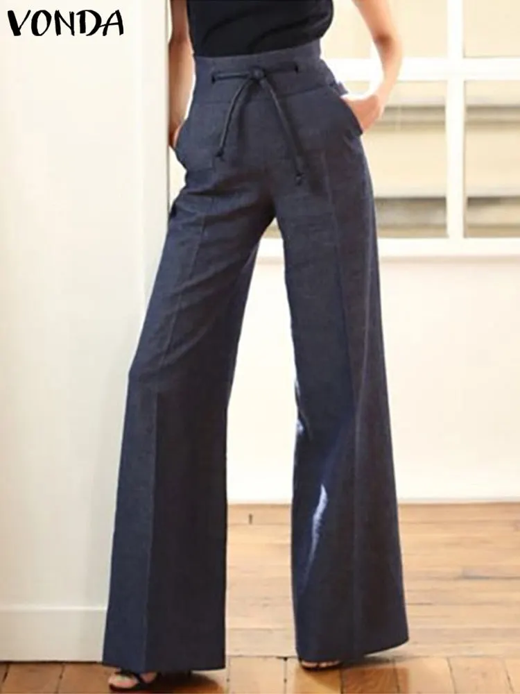 Women High Waist Pants 2022 VONDA Ladies Spring Zipper Long Trousers Wide Leg Pants Palazzo Pantalon Femme Denim Trousers