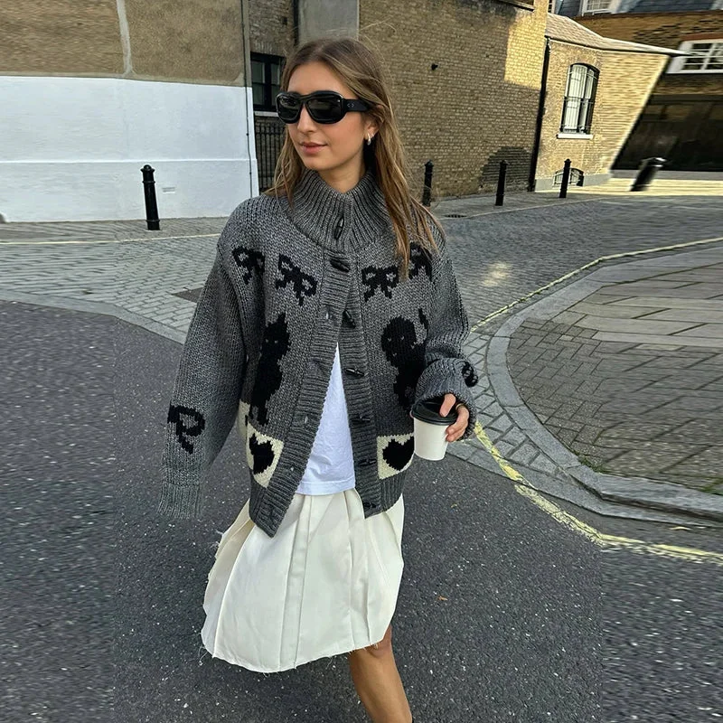 Toloer Bow Printed Knitted Cardigan-Outfit Ideas