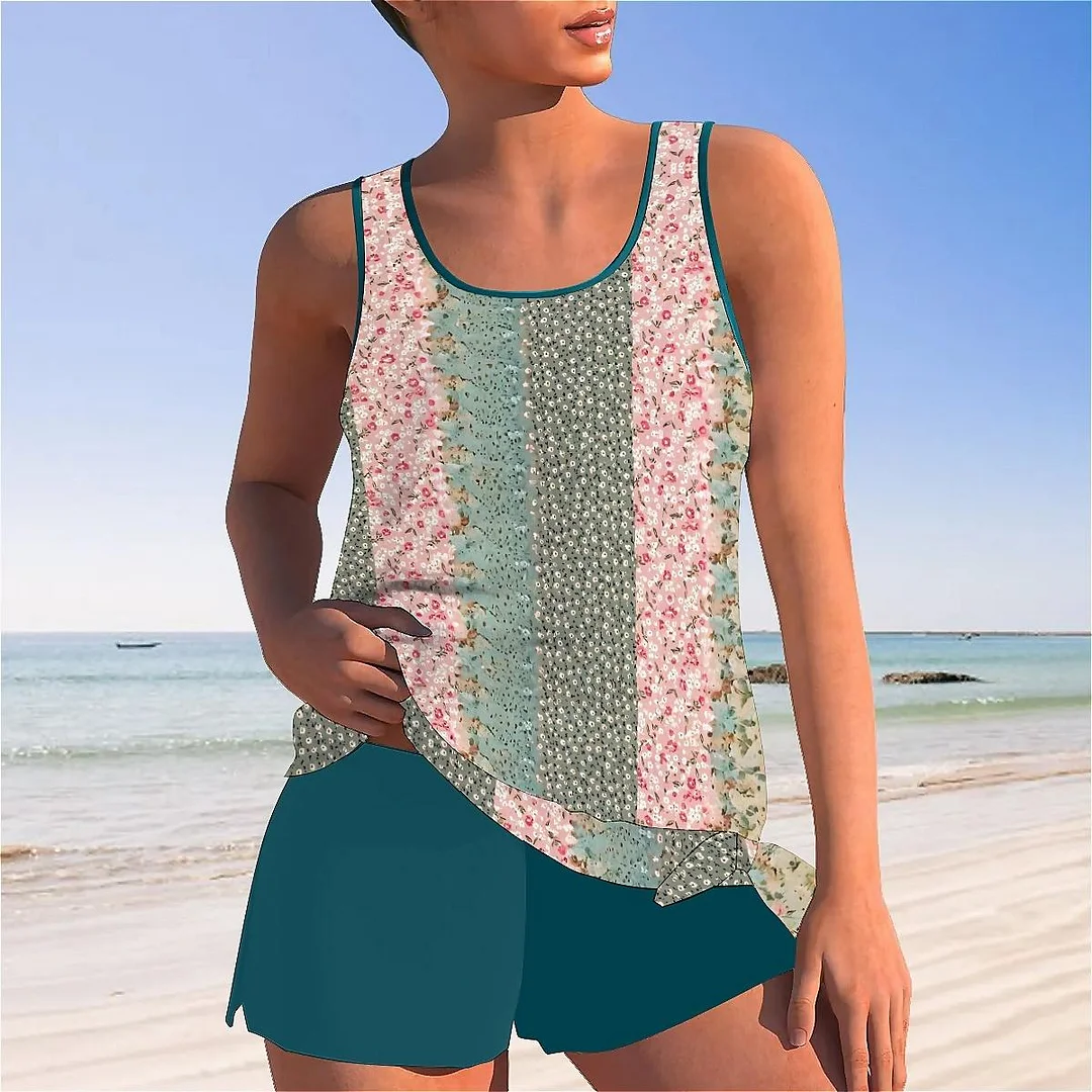 Bowknot Floral,Pink,Green,Stitch Mid Waisted Tankini Set - Plus Size Available