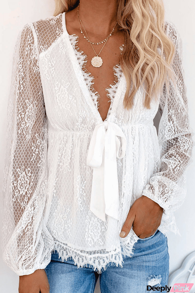 Sheer Lace V Neck Bow Tie Blouse