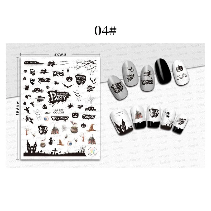 1 Sheet 3D Halloween Nail Sticker Christmas Skull Bone Snake Butterfly Maple Leaf Pattern Decals Manicures 3D Nail Decorations