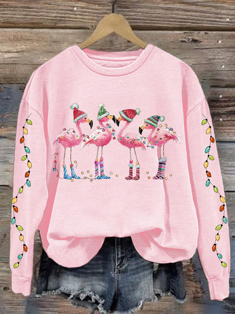 Comstylish Women's Christmas Flamingo Print Crewneck Sweatshirt