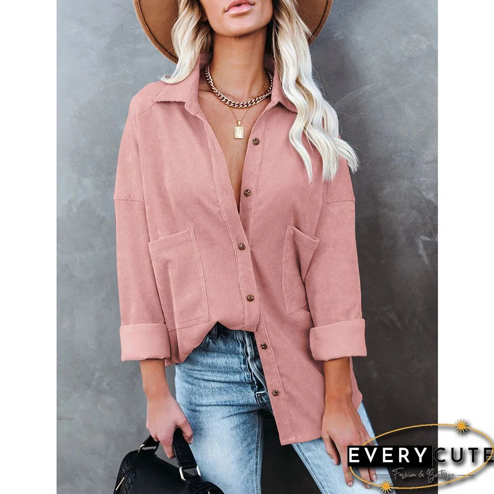 Pink Solid Corduroy Button Long Sleeve Shirt