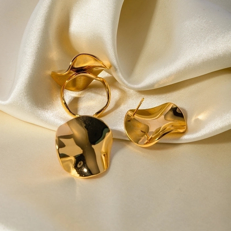 Vacation Minimalist IG Style Irregular Round 304 Stainless Steel 18K Gold Plated Pleated Rings Earrings