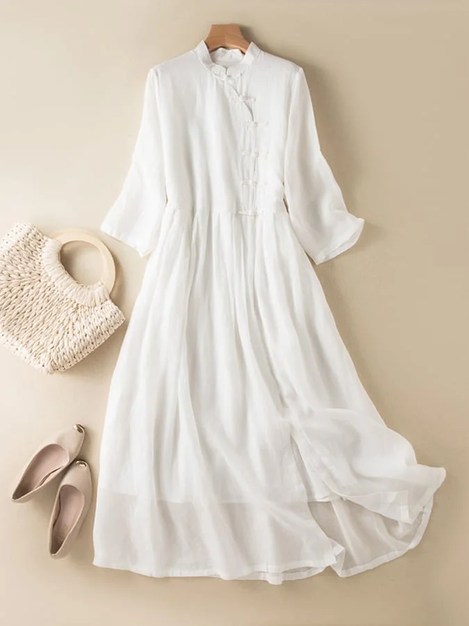 Retro Ethnic Style 3/4 Sleeve Button Lined Dress