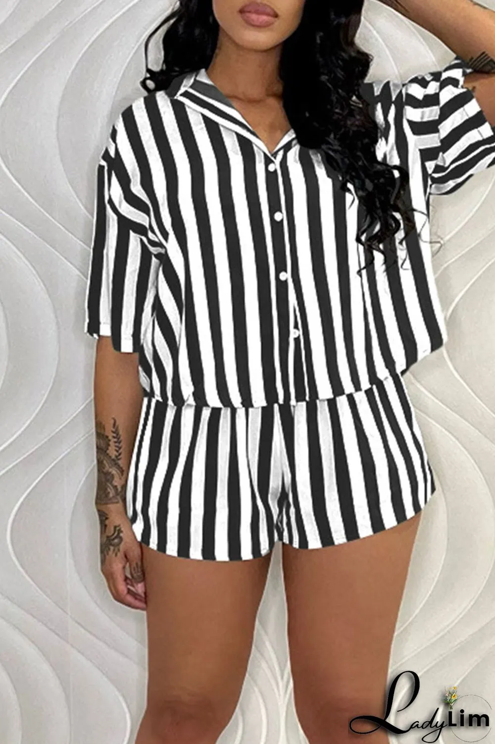 Green Casual Striped Print Patchwork Buckle Turndown Collar Short Sleeve Two Pieces