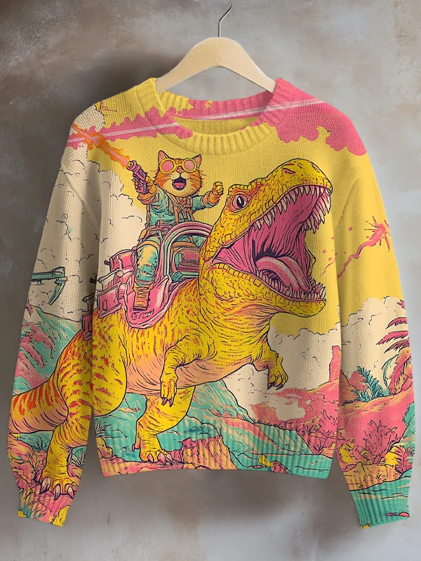 Women's Cat And Dinosaur Fantasy Art Print Knit Sweatshirt