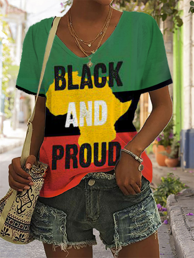 Black And Proud Colorblock V Neck T Shirt wearshes