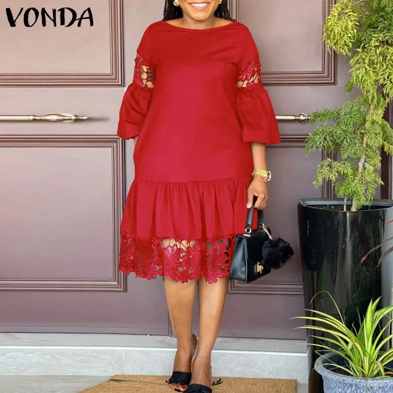 VONDA 2022 Women O Neck Flare Sleeve Plus Size Dresses Ladies Lace Pleated Vestidos Loose A-Lined Beach Sundress 5XL Short Robes