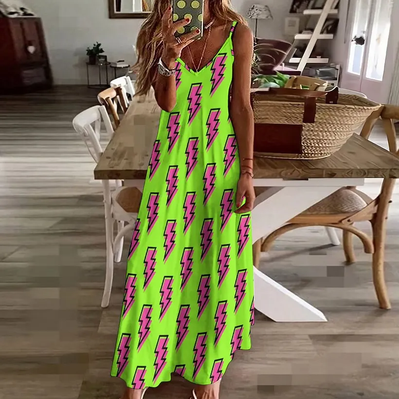 90s neon dress 80s Green Pink Lightning Bolt Women's Casual Strappy V Neck Sleeveless Flowy Loose Long Maxi Beach Sundress Tailored for Photo Studios maxi dresses Inspired by the archive Color:Teal