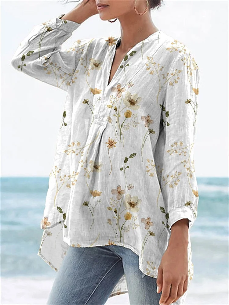 Watercolor Minimalist Spring Floral Pattern Printed Women's Casual Linen V-neck Shirt