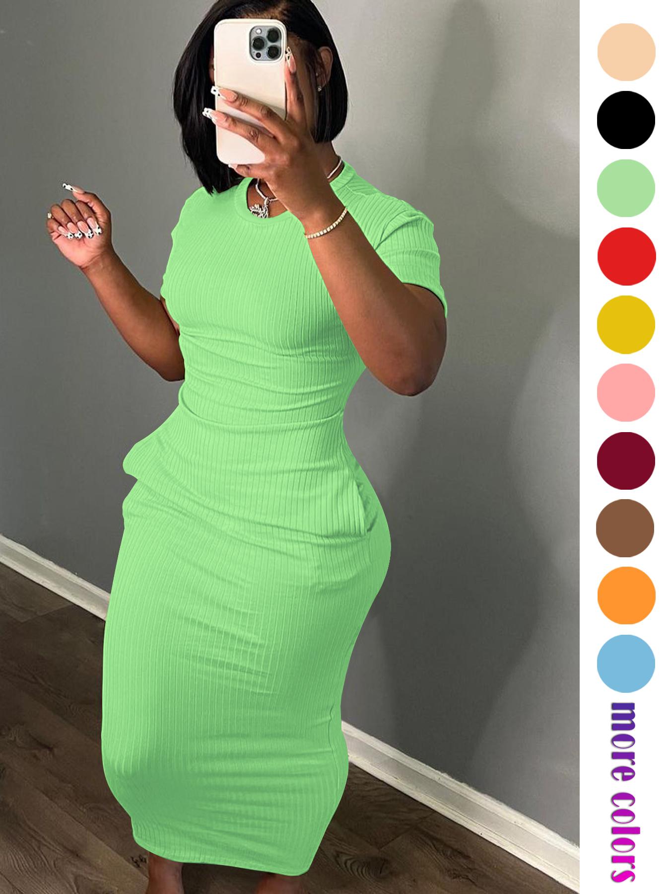 Threaded Elastic Solid Color Bodycon Dress, Breathable Elastic Party Outing Travel Pocket Long Dress, Summer Dress, Everyday Casual Wear, Womenswear