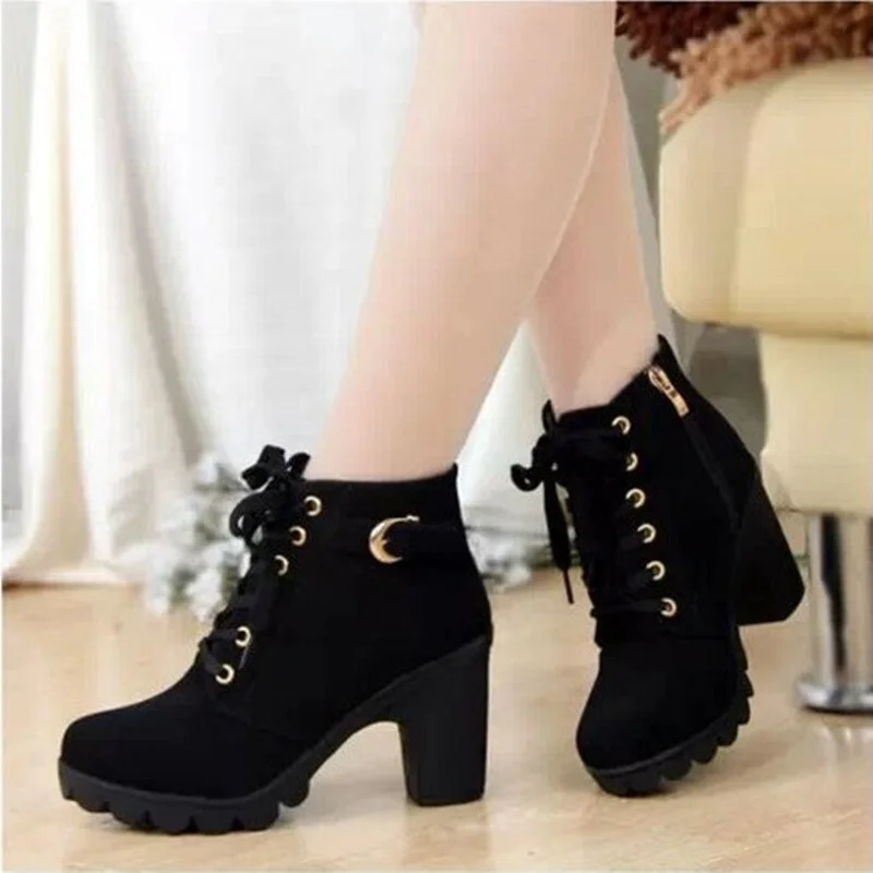 High Quality Lace-up ladies shoes woman PU leather fashion high heels boots women 2023 new autumn winter women ankle Boots