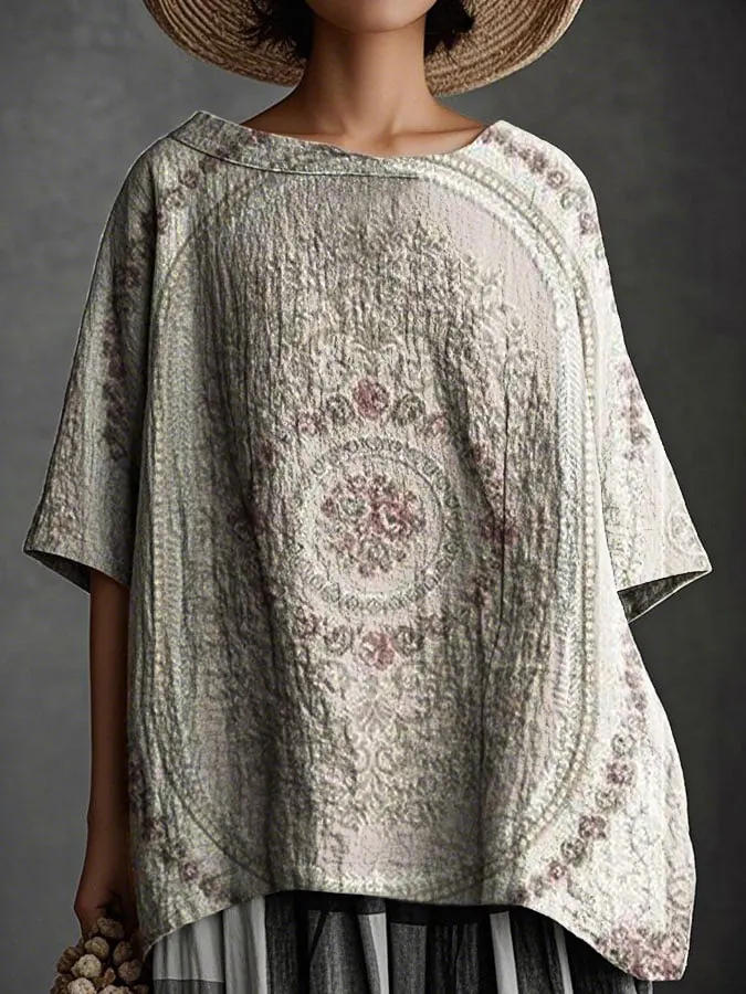 Women's Vintage Ethnic Floral Art Print Casual Cotton And Linen 3/4 Sleeve Shirt