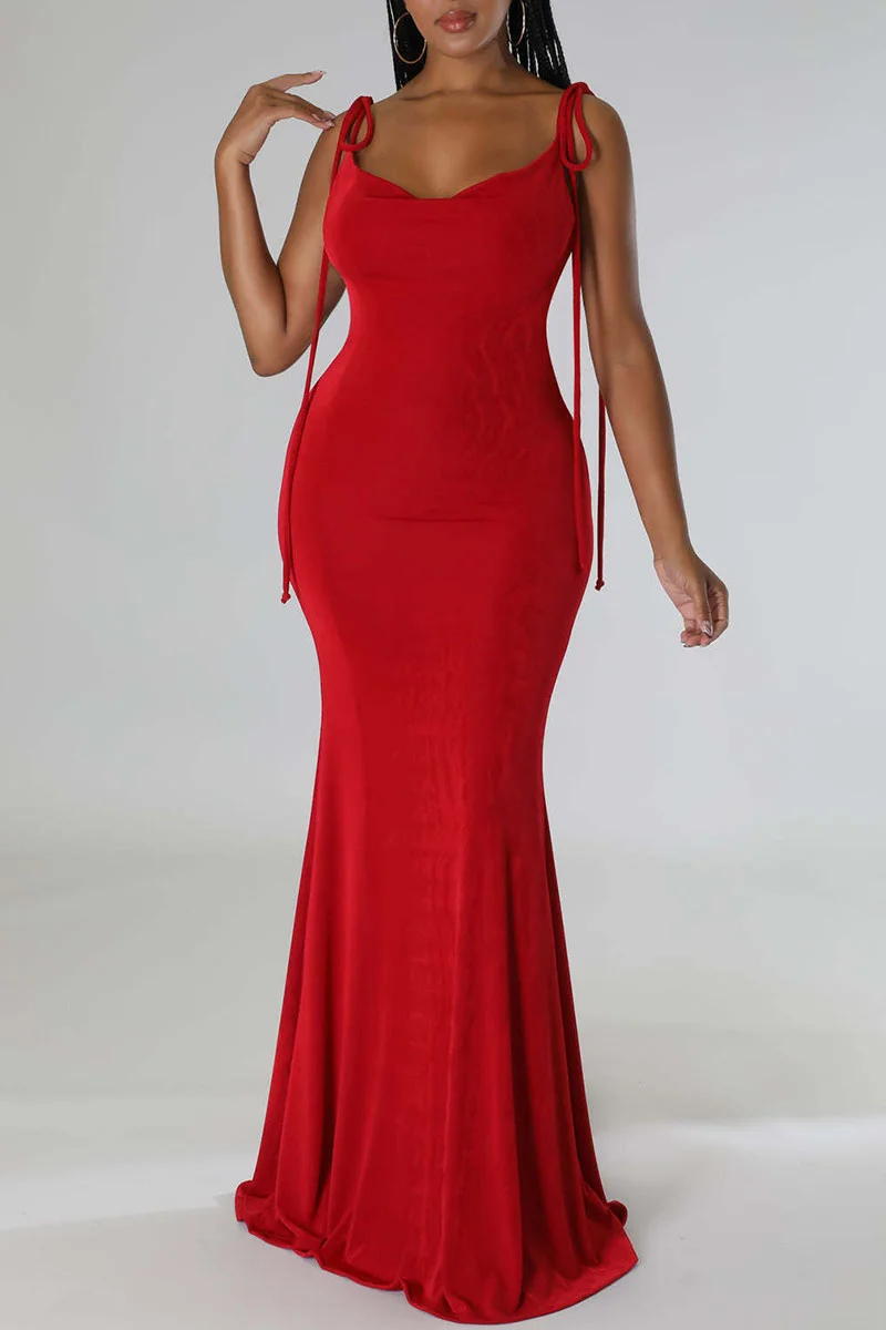 Red Sexy Solid Patchwork Backless Spaghetti Strap Long Dress Dresses | EGEMISS