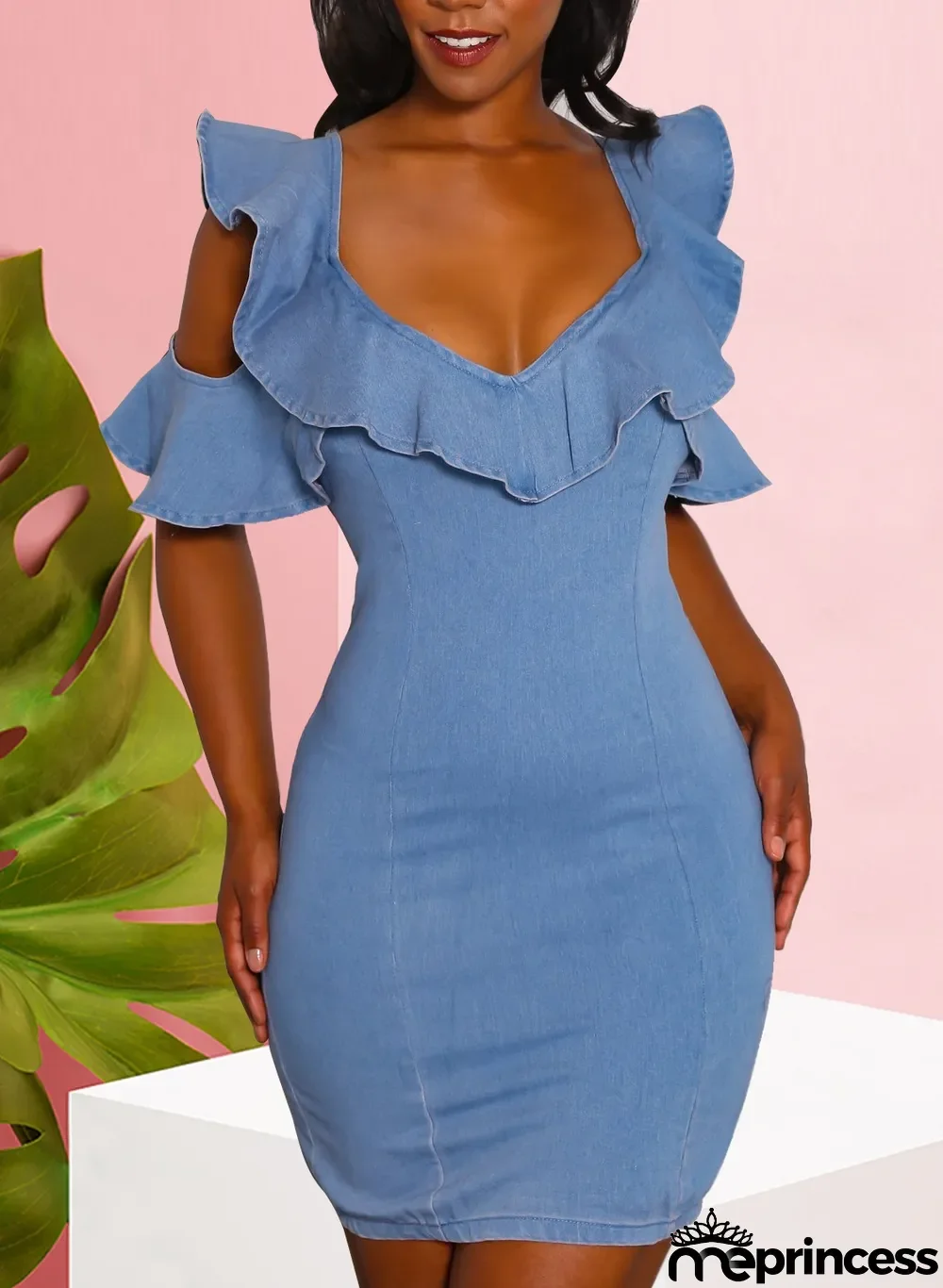 Sexy Blue Denim Ruffles Bodycon Dress