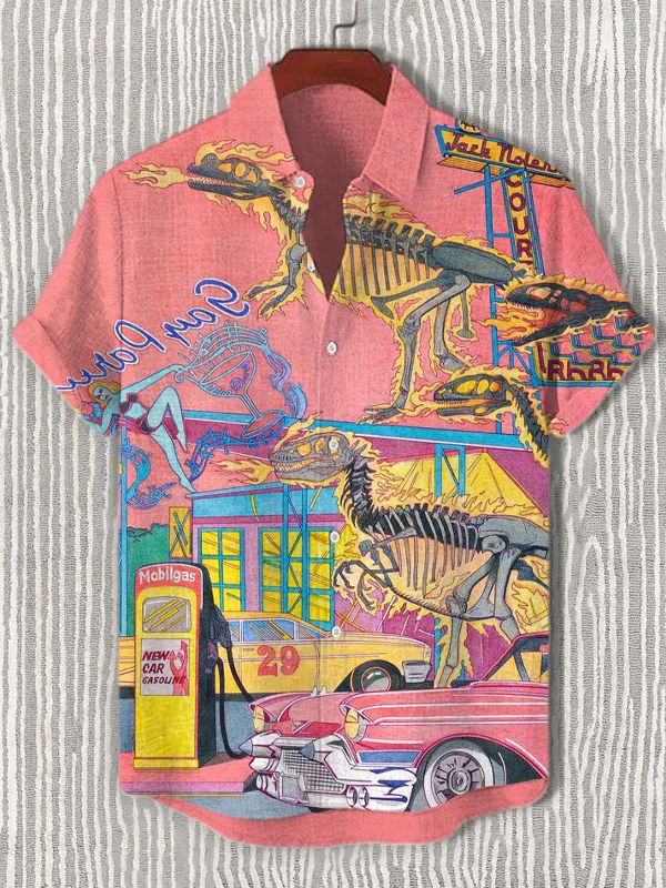 Men's Vintage Car Dinosaur Fossil Fantasy Art Print Casual Shirt