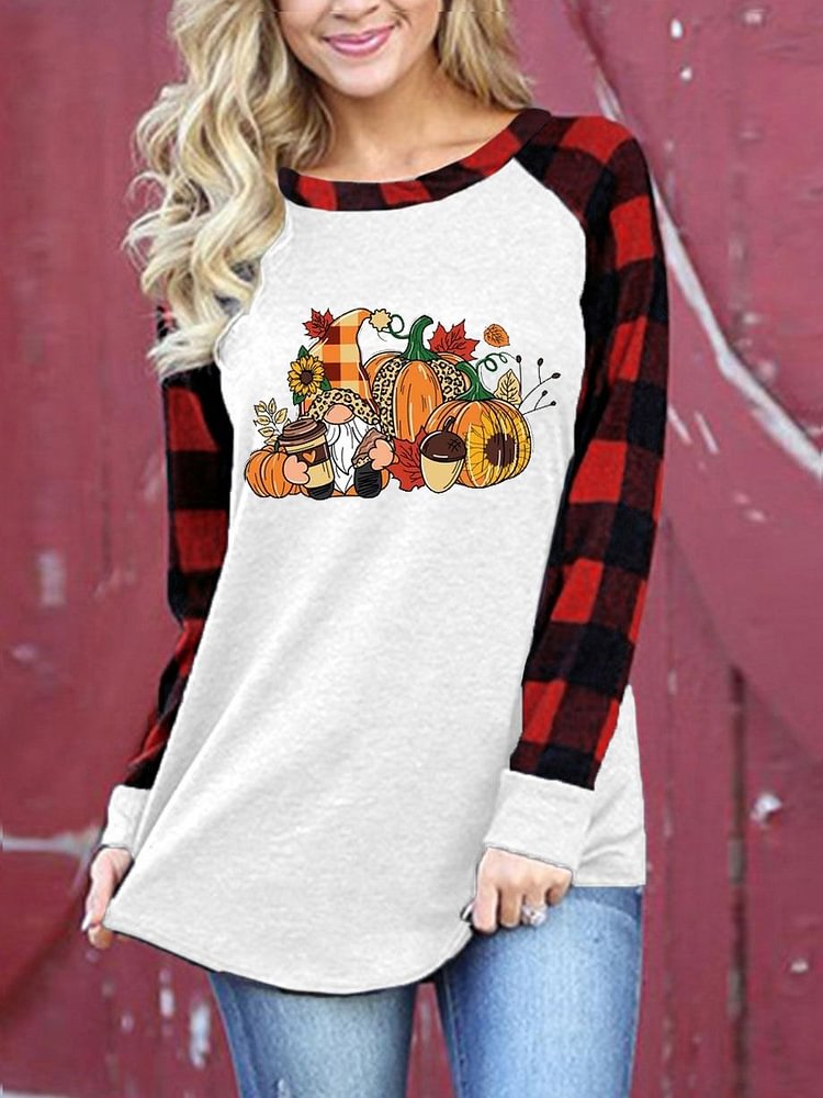 Women's Thanksgiving Gnomes Print Colorblock Plaid T-Shirt socialshop