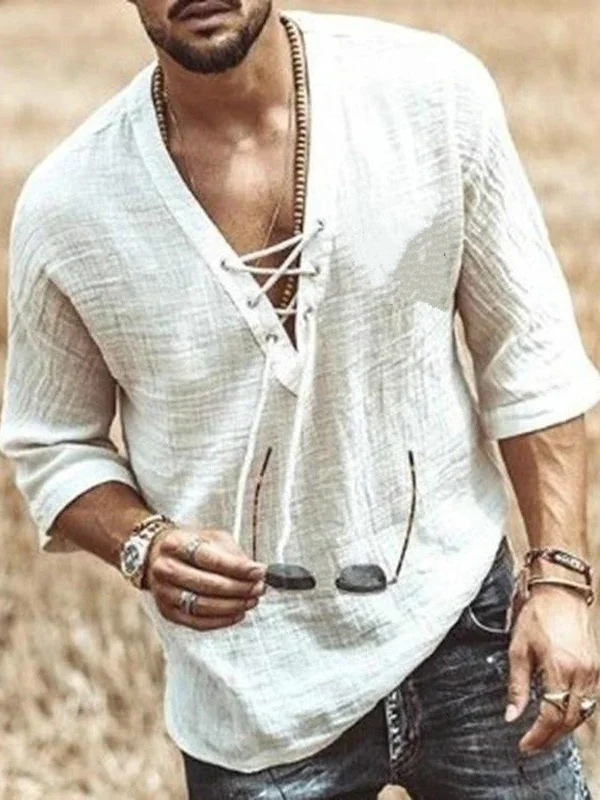 Men's Solid Color Lace Up V Neck Half Sleeve Casual T-Shirt