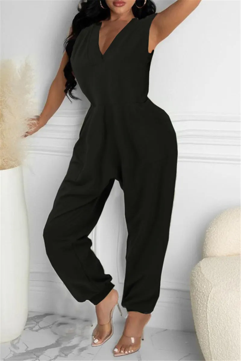 Casual Solid Patchwork V Neck Regular Jumpsuits