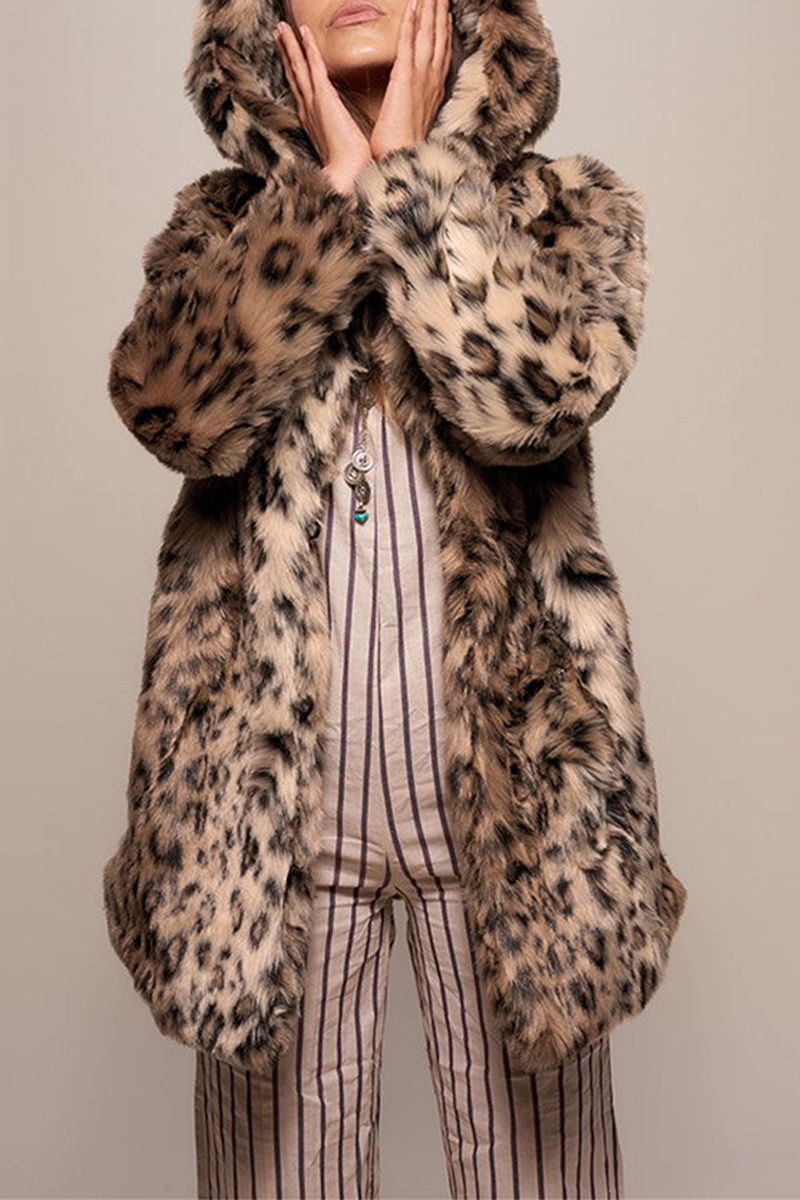Leopard Faux Fur Collar Hooded Coat