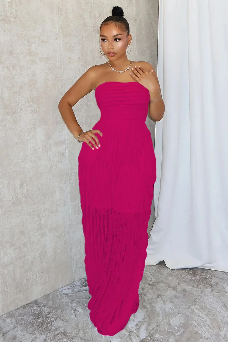 Strapless Boat Neckline Ruffled Trim Wide Leg Casual Jumpsuit-Fuchsia