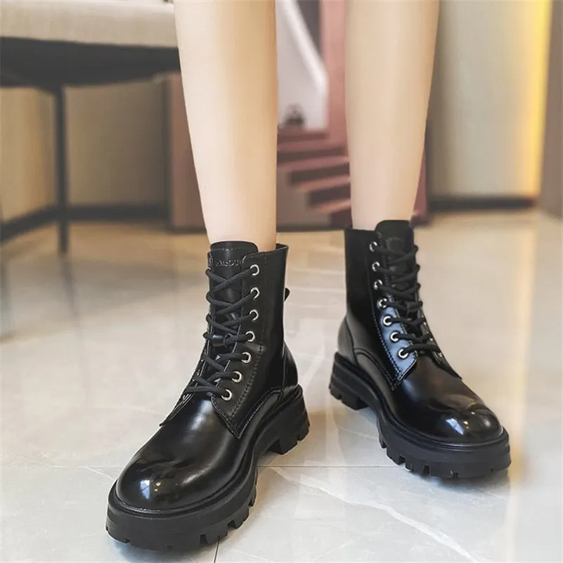 Meotina Women Genuine Leather Motorcycle Boots Round Toe Lace Up Shoes Thick Med Heel Ladies Ankle Boots 2021 Autumn Winter 40
