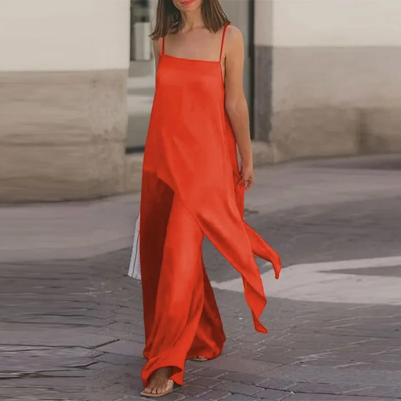 New Fashion Trousers Sets 2 PCS Celmia Women 2022 Sleeveless Straps Tops and Flared Pant Summer Sexy Solid Work Matching Suits