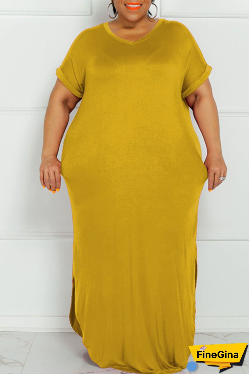 Yellow Casual Solid Patchwork Slit V Neck Straight Plus Size Dresses