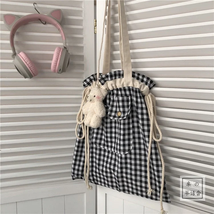 Shopping Bags Women Plaid Drawstring Casual Adjustable Large Capacity Ins Cute Students Shopper Canvas Bag Simple Korean Style