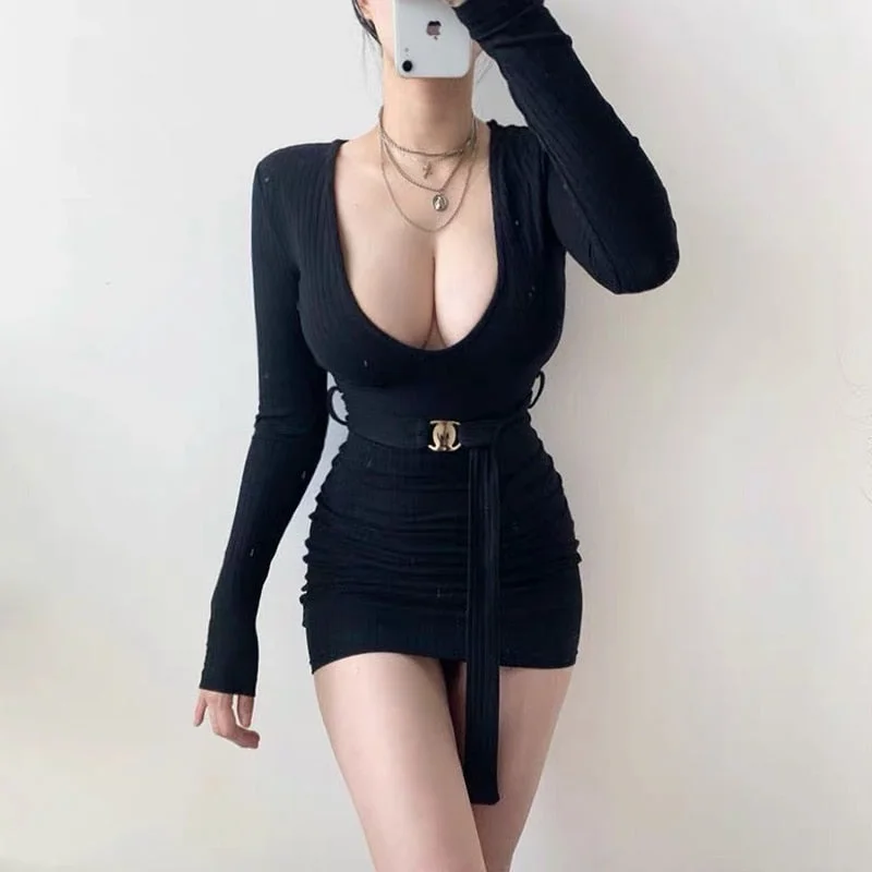 XIBANI Deep V low chest pit stripe dress women's Mini sexy slim fashion dress with belt long sleeve autumn and winter
