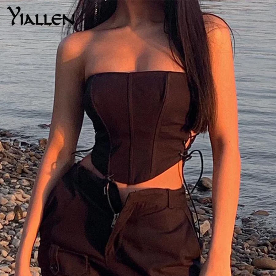 Yiallen Sexy Club Strapless Side Hollow Out Lace Up Bodycon Crop Top Women Fashion Sleeveless Skinny Pure Streetwear Camisole