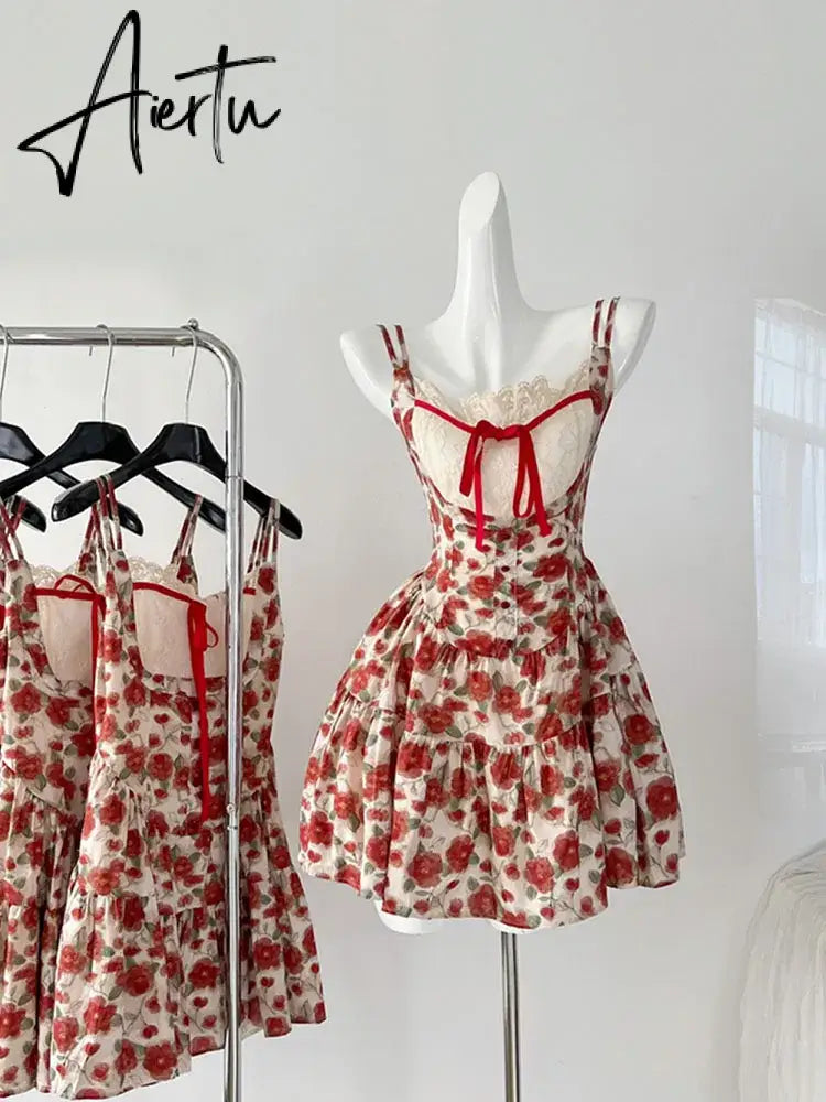 Aiertu Harajuku Design Spaghetti Strap Dress Sleeveless Elegant Patchwork Sexy Red Bow Floral Dress Women Fairy Dress Sweet Romantic Aiertu