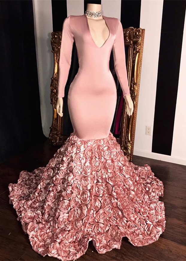 Luluslly Pink Long Sleeves V-Neck Prom Dress Mermaid With Flowers Bottom