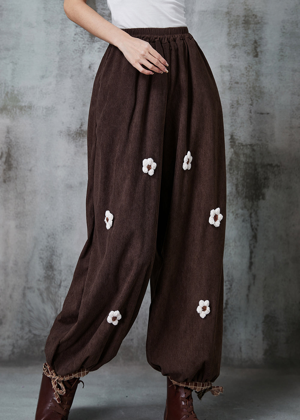 VCSHOES Chocolate Oversized Floral Corduroy Pants Spring