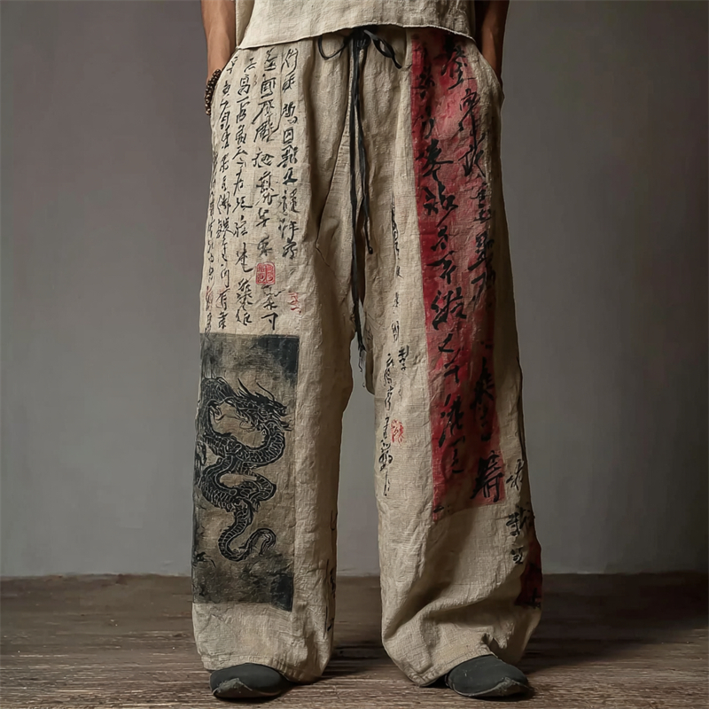 Men's Japanese Dragon Calligraphy Colorblock Linen Pants  artssus