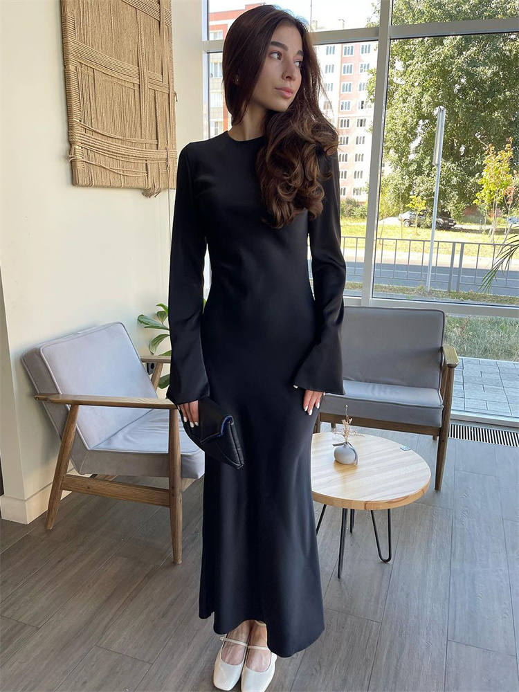 Ootddress Solid High Waist Fashion Maxi Dress For Women Long Sleeve Patchwork Slim Elegant Party Dress Autumn 2025 Female Long Dress