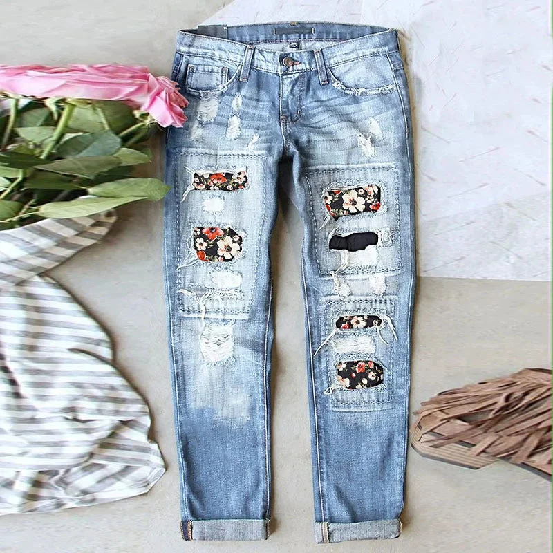 Stretch Ripped Frayed Raw Hem Distressed Denim Jeans with Holes and Pockets Floral, Black, Red