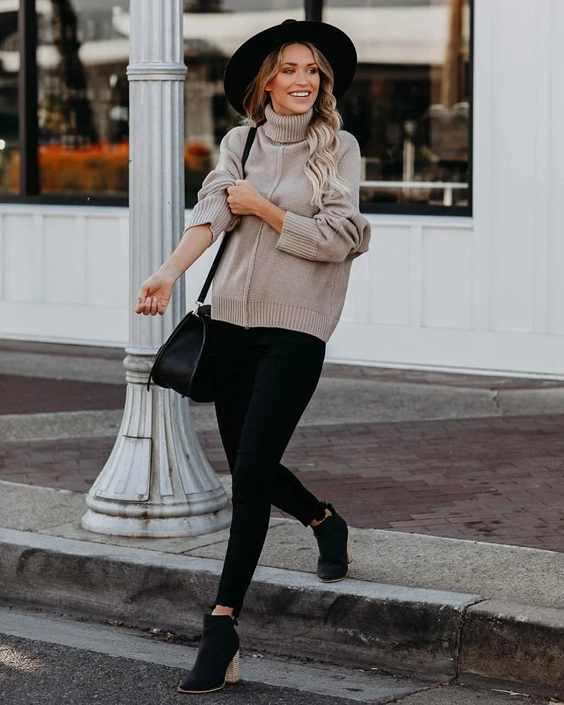 Fitshinling Bohemian Women's Turtleneck Sweater Knitwear Patchwork Reverse Line Jumper Pullover Winter Tops Holiday Sweaters New