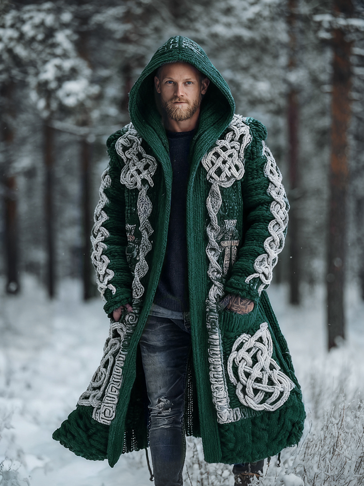 Men's Viking Intricate Celtic Knot Colorblock Pocket Mid-length Cardigan Sweater  artssus