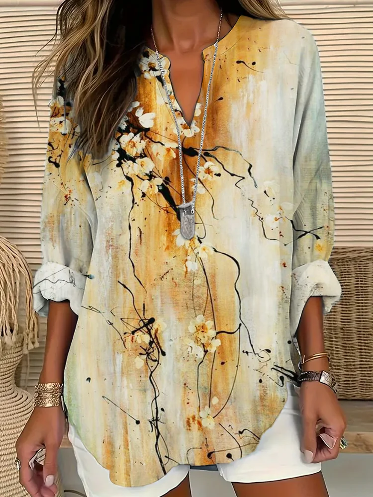 Vintage Ink Flower Print Linen V-Neck Shirt