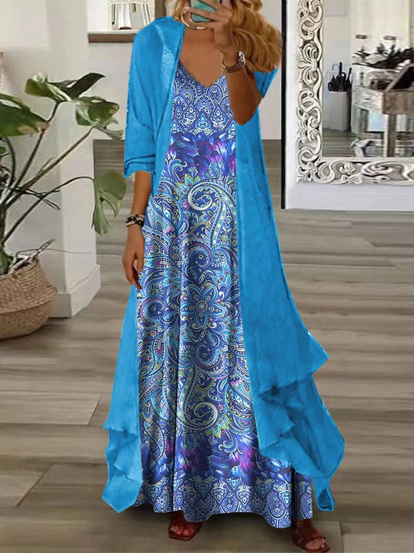 Women's Half Sleeve V-neck Floral Printed Two Pieces Maxi Dress
