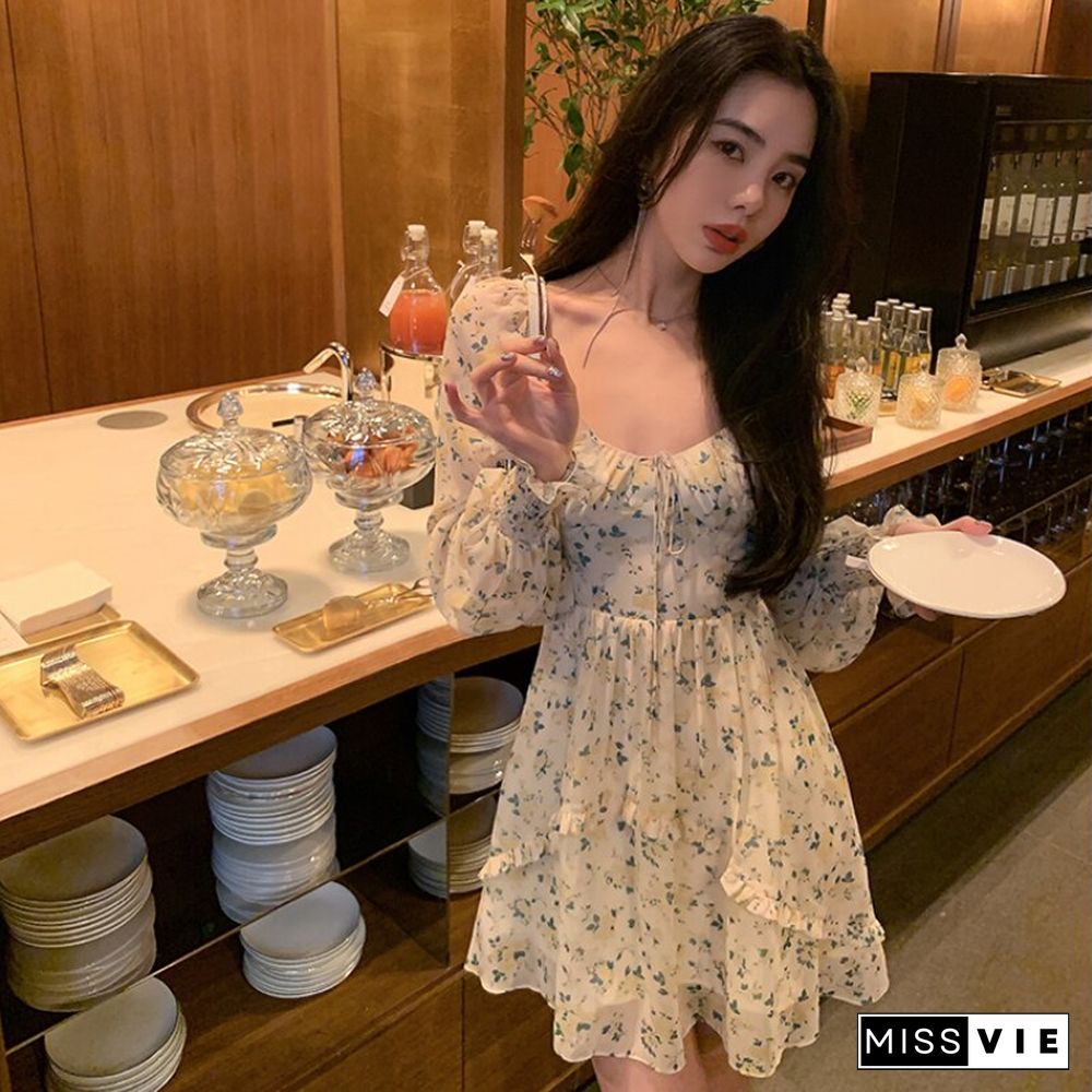 Korean Floral Dress Women Elegant Square Collar Woman Dresses Fashion Long Sleeve Ruffles Dresses Ladies Bangage Boho Vestidos