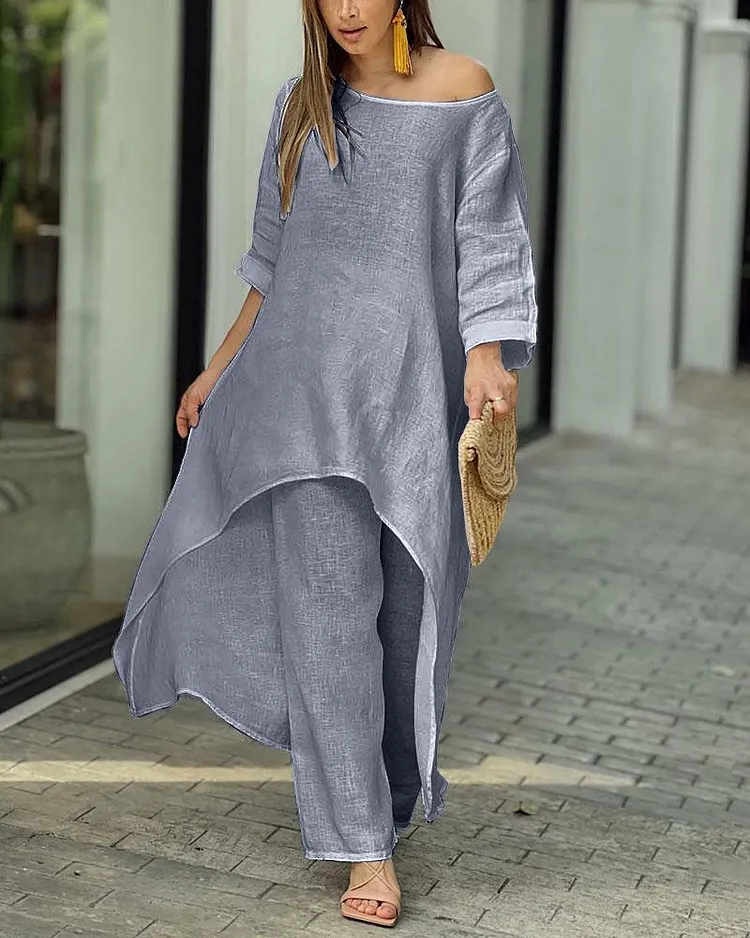 Casual Loose Solid Color Round Neck Short Sleeve Two-piece Suit main image 0