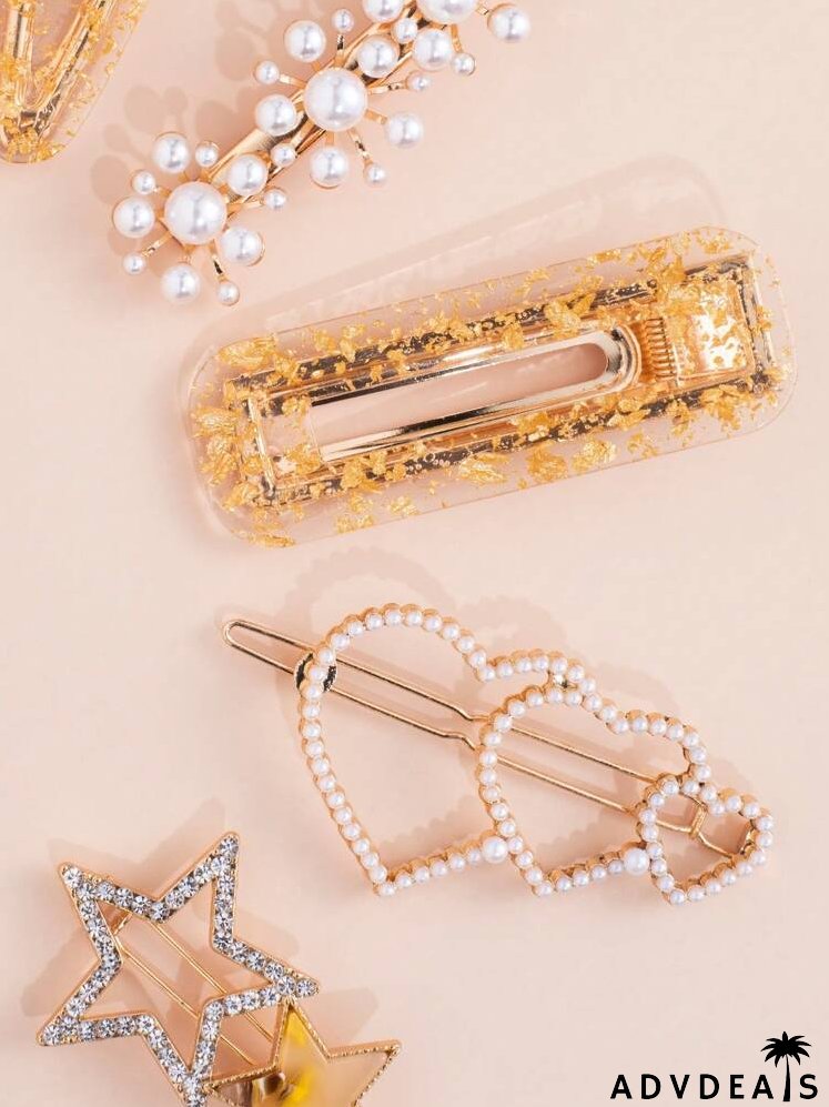 6pcs Faux Pearl Heart Decor Hair Clip