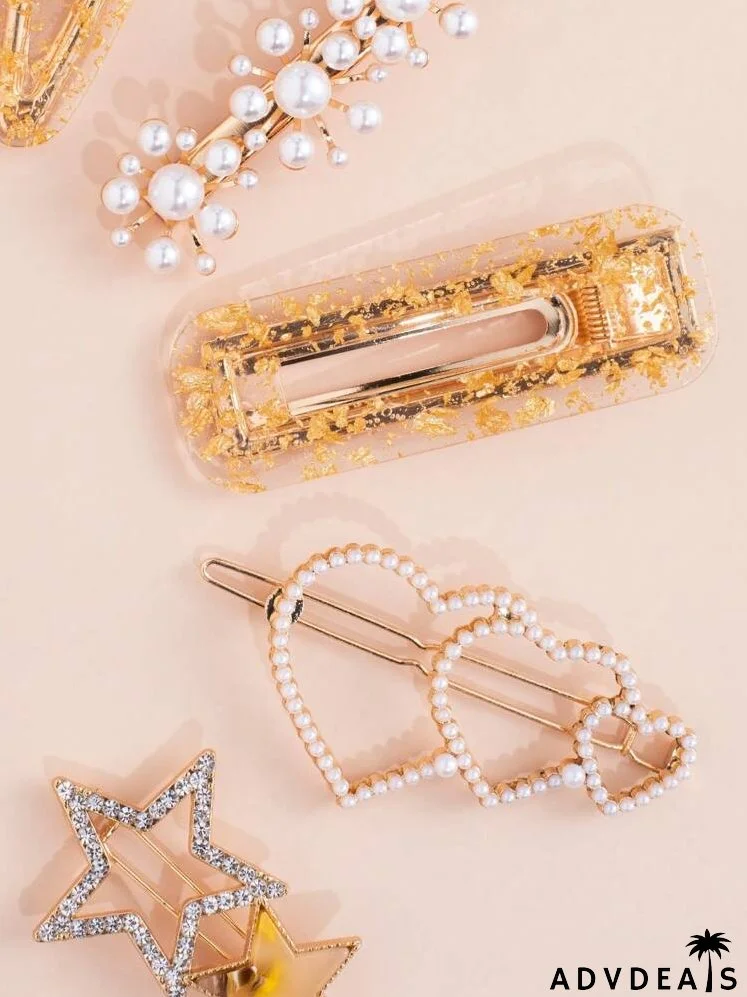 6pcs Faux Pearl Heart Decor Hair Clip