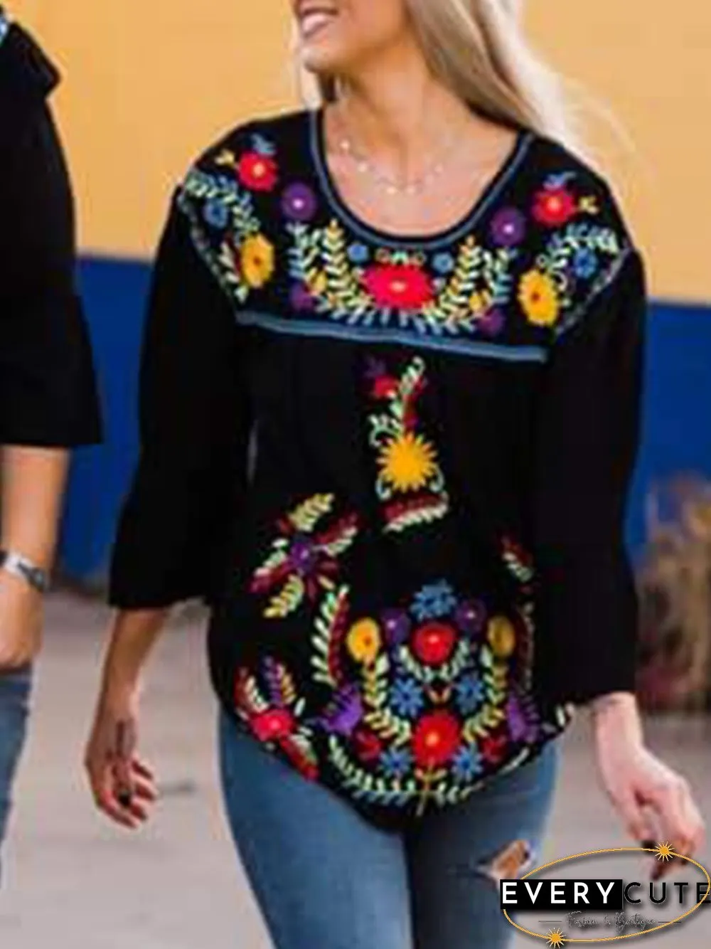 Crew Neck Floral 3/4 Sleeve Vintage Tops