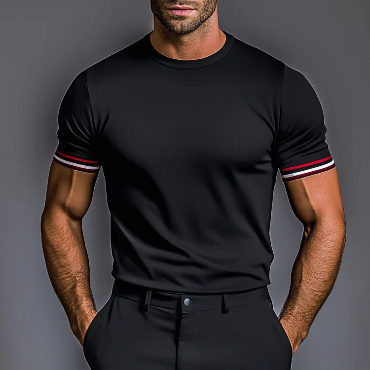 Okaywear Crew Neck Contrast Stripes Short Sleeve T-Shirt 