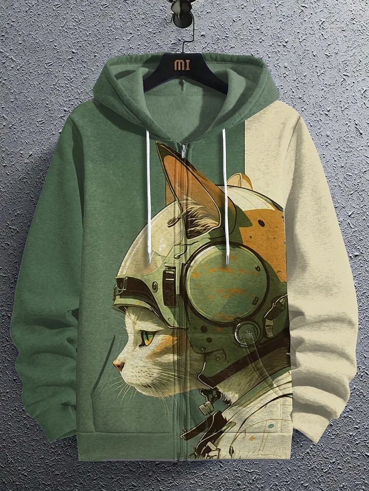 Men's Pilot Cat Art Print Hooded Zip Up Jacket