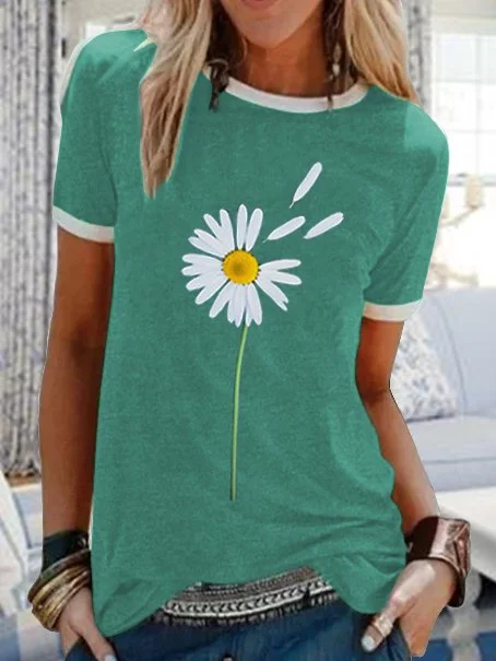 Bestdealfriday Round Neck Casual Daisy Printed Short Sleeved T-Shirt 8739704